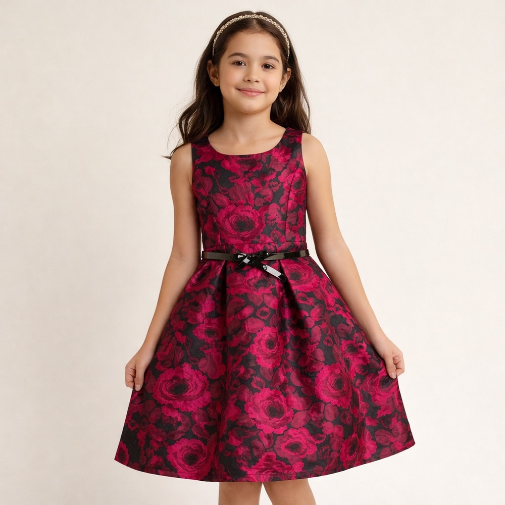 Children’s PLACE Girls Dress Floral Jacquard Fit-and-Flare Patent Bow Belt Sz 12